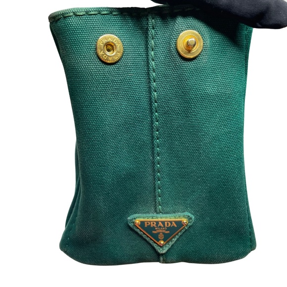 Authentic PRADA Canapa Tote with Gold Hardware & Crossbody Strap - Green Canvas - Picture 7 of 13